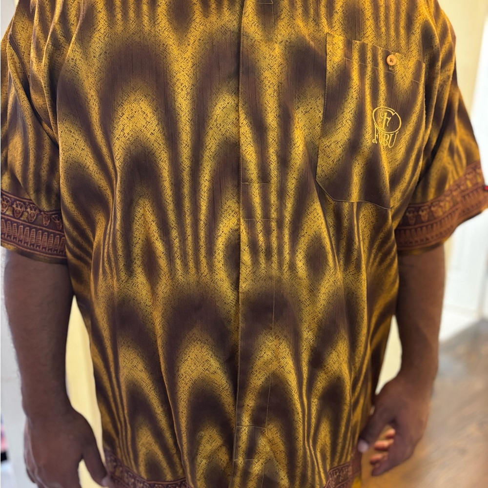 FUBU Men's Egyptian Button Down Shirt in Brown and Gold Y2K
